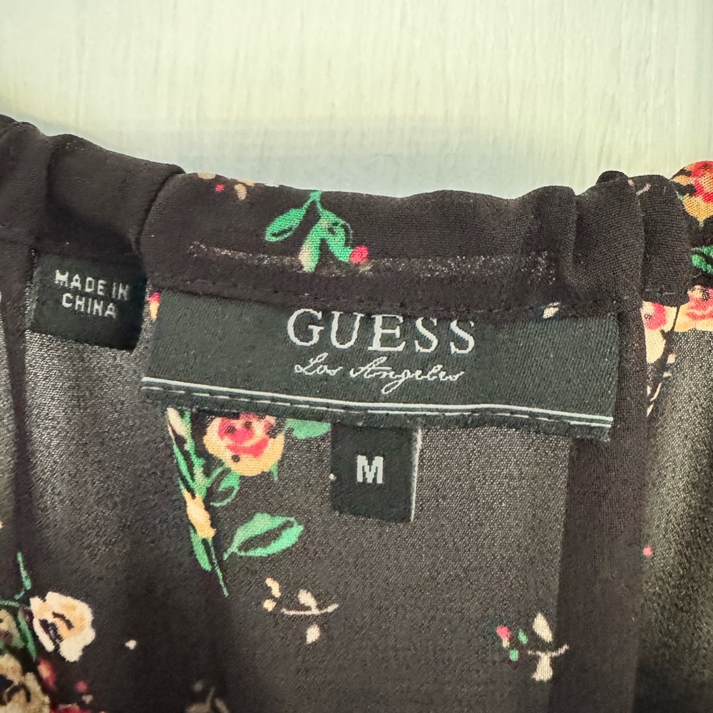 GUESS Black Floral Top with Green Leaves and Pink Blooms